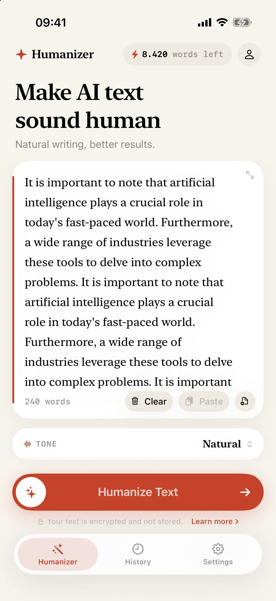 The Grubby AI editor with a pasted paragraph, the tone set to Natural, and the Humanize Text slider