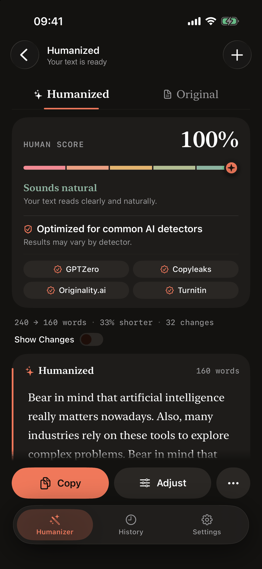 The result screen in dark mode