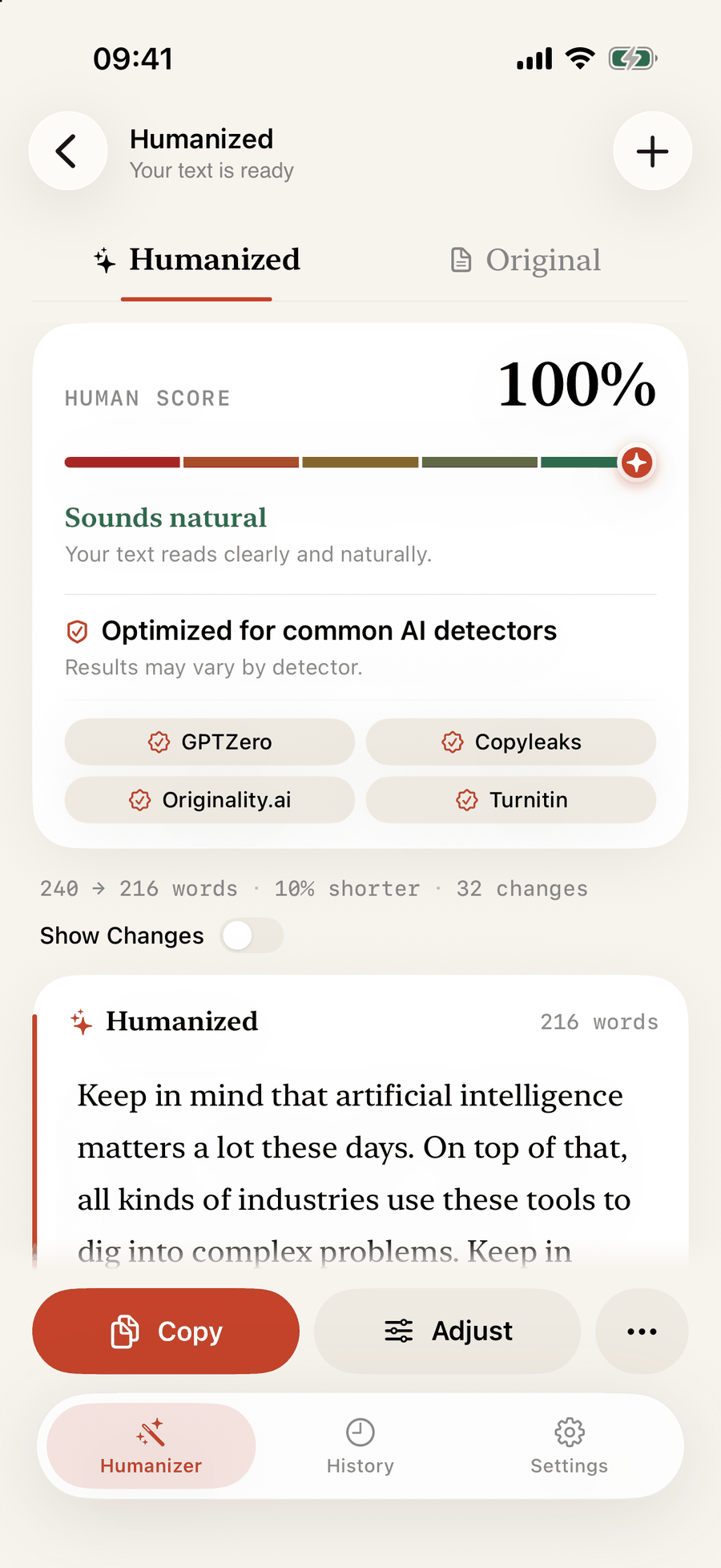 The result screen with the Humanized and Original tabs and the human score