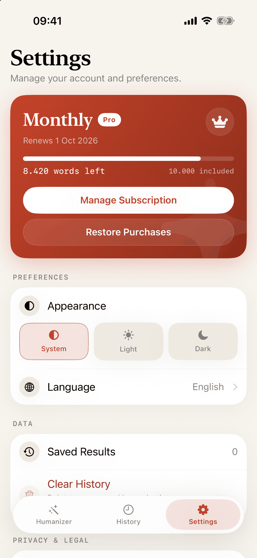 The Settings screen with the plan card and privacy links
